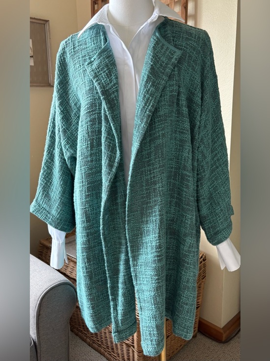 Masai Jackets & Blazers - Masai Classic Open-Front Textured Cotton Boucle Knit Teal Oversized Jacket - XL